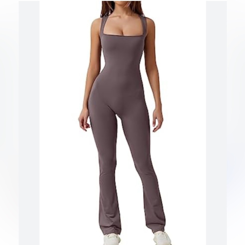 QINSEN Jumpsuit Sleeveless  Square Neck Stretch Flare Leggings Romper Inseam 30
